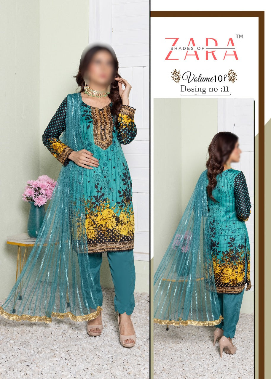 Shades of Zara 3-Piece Soft Malai Suit – Printed Shirt, Net Dupatta & Dyed Trouser | Elegant Women's Ethnic Wear. - Abid Cart
