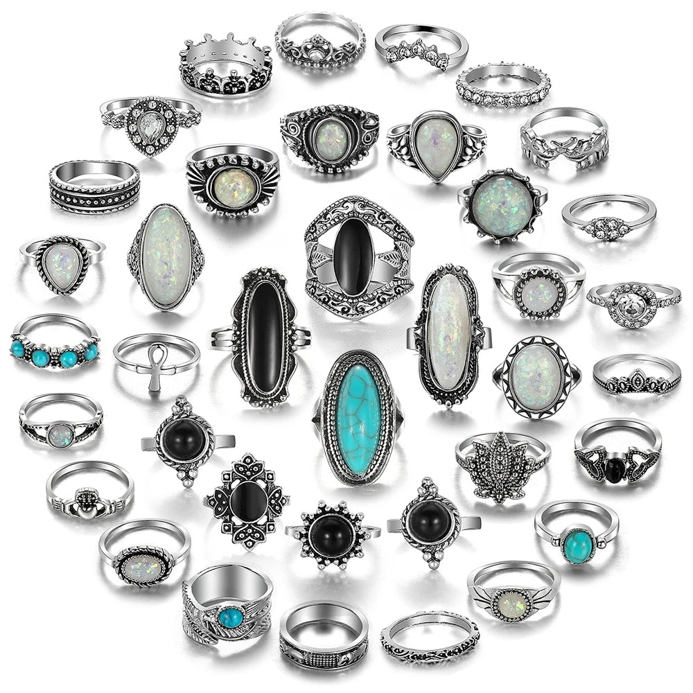 Vintage Silver Bohemia Feather Crown Rings for Women & Men - IPARAM Fashion Jewelry Set. - Abid Cart
