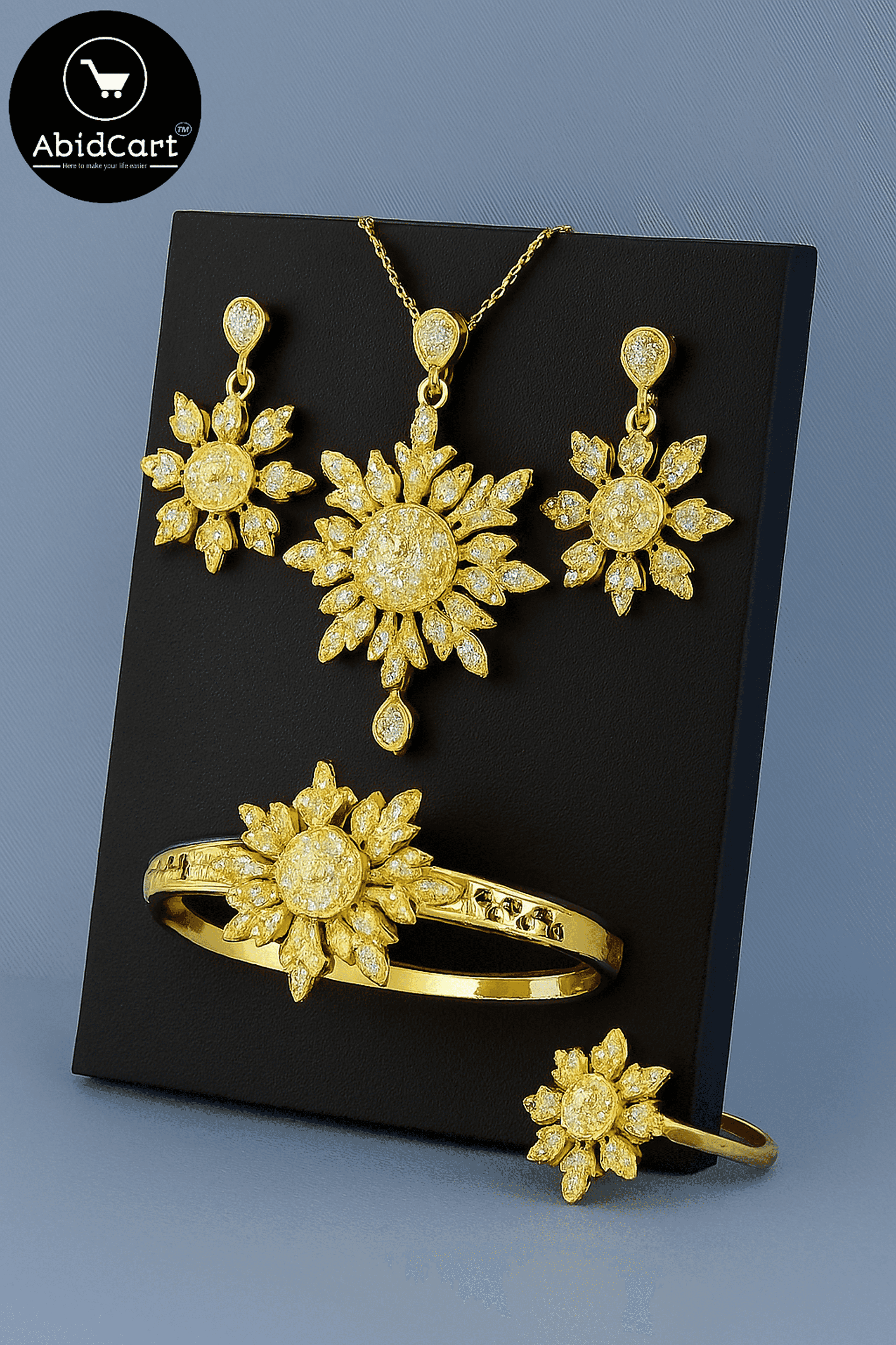 Elegant Sunflower Design Gold-Plated Jewelry Set with Diamonds - Necklace, Earrings, Ring & Bracelet.
