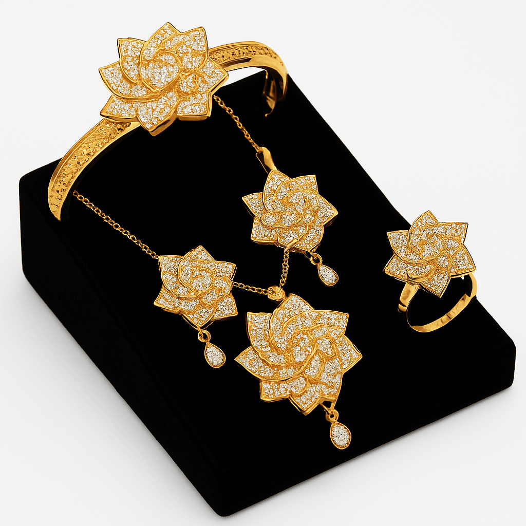 Luxury Gold & Diamond Floral Jewelry Set â Necklace, Bracelet, Earrings & Ring for Women  Bridal & Party Wear Accessories.