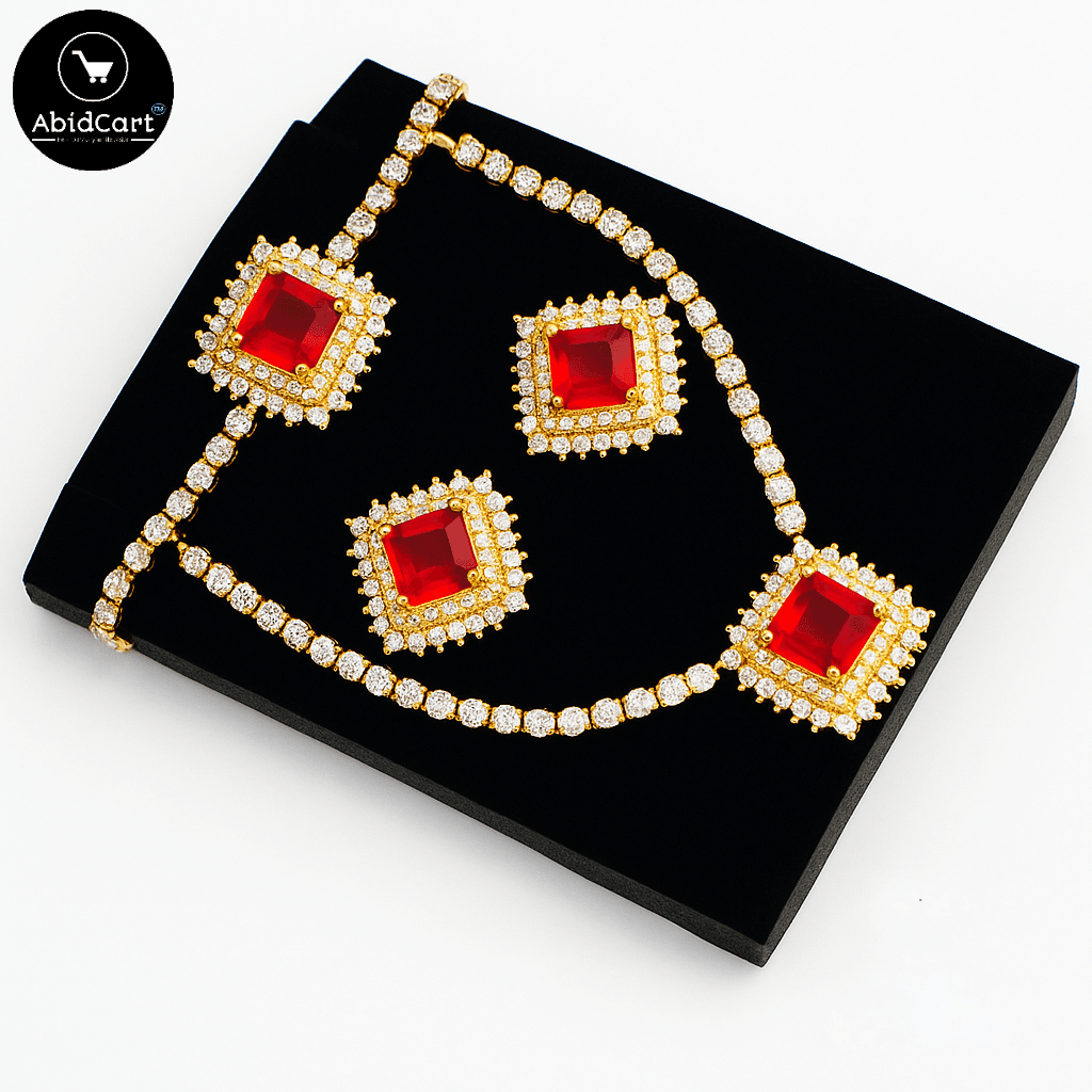 Elegant Red Ruby Gold Necklace and Earring Set - AbidCart Luxury Jewelry.