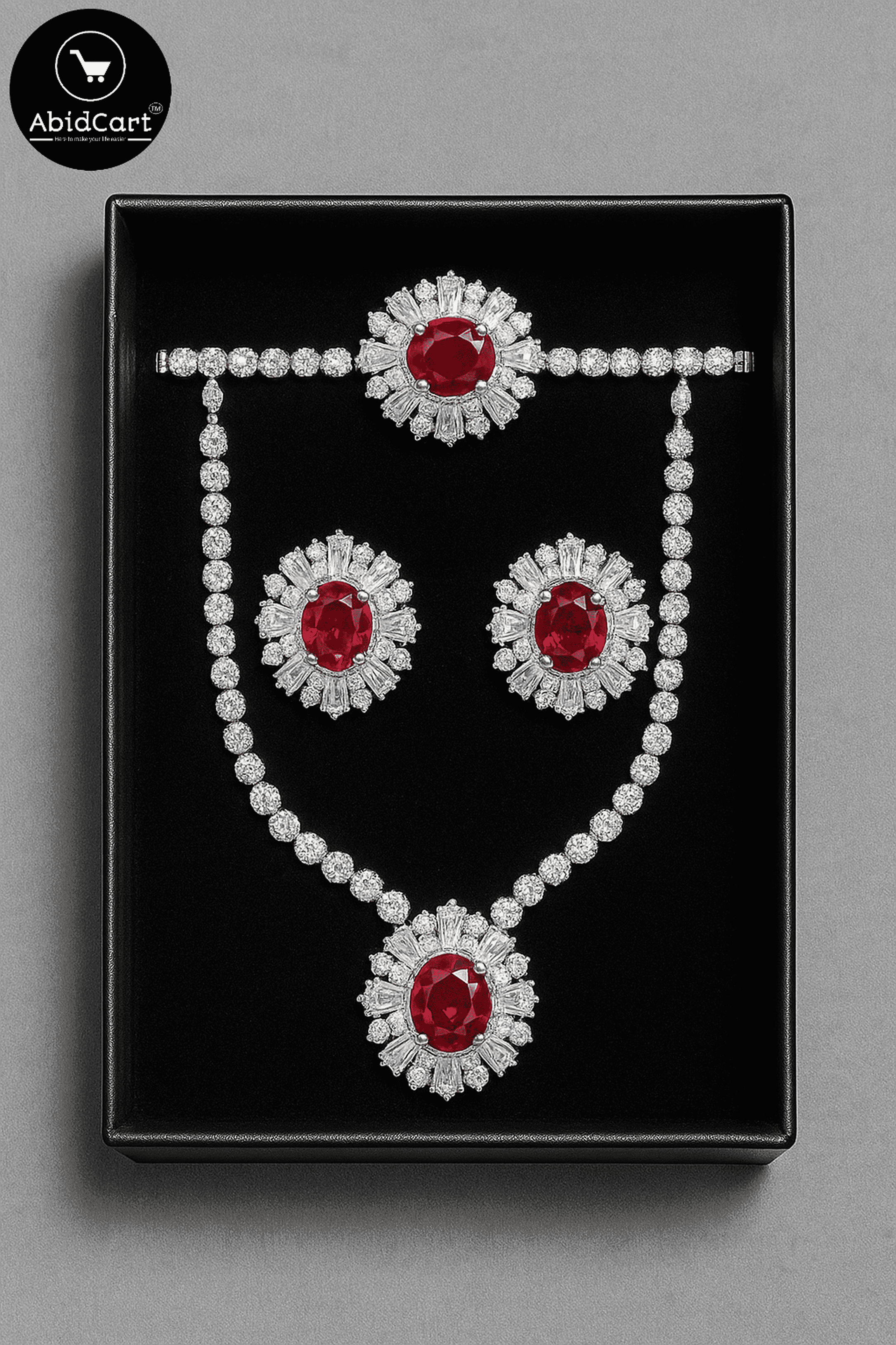 Luxurious Ruby and Diamond Jewelry Set - Necklace, Earrings, and Pendant | AbidCart.