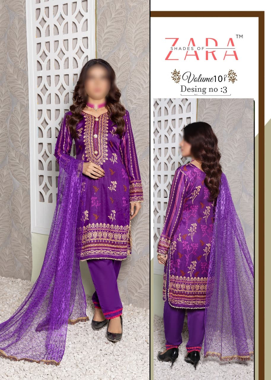 ZARAâ¢ Shades of Zara Luxury Soft Malai 3-Piece Suit with Printed Shirt, Net Dupatta & Dyed Trouser.