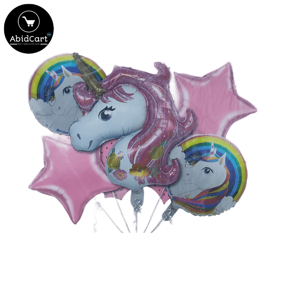 Unicorn Jumbo 5-Piece Balloon Set â Pink Stars & Round Foil Balloons for Girls' Birthday Party Decorations.