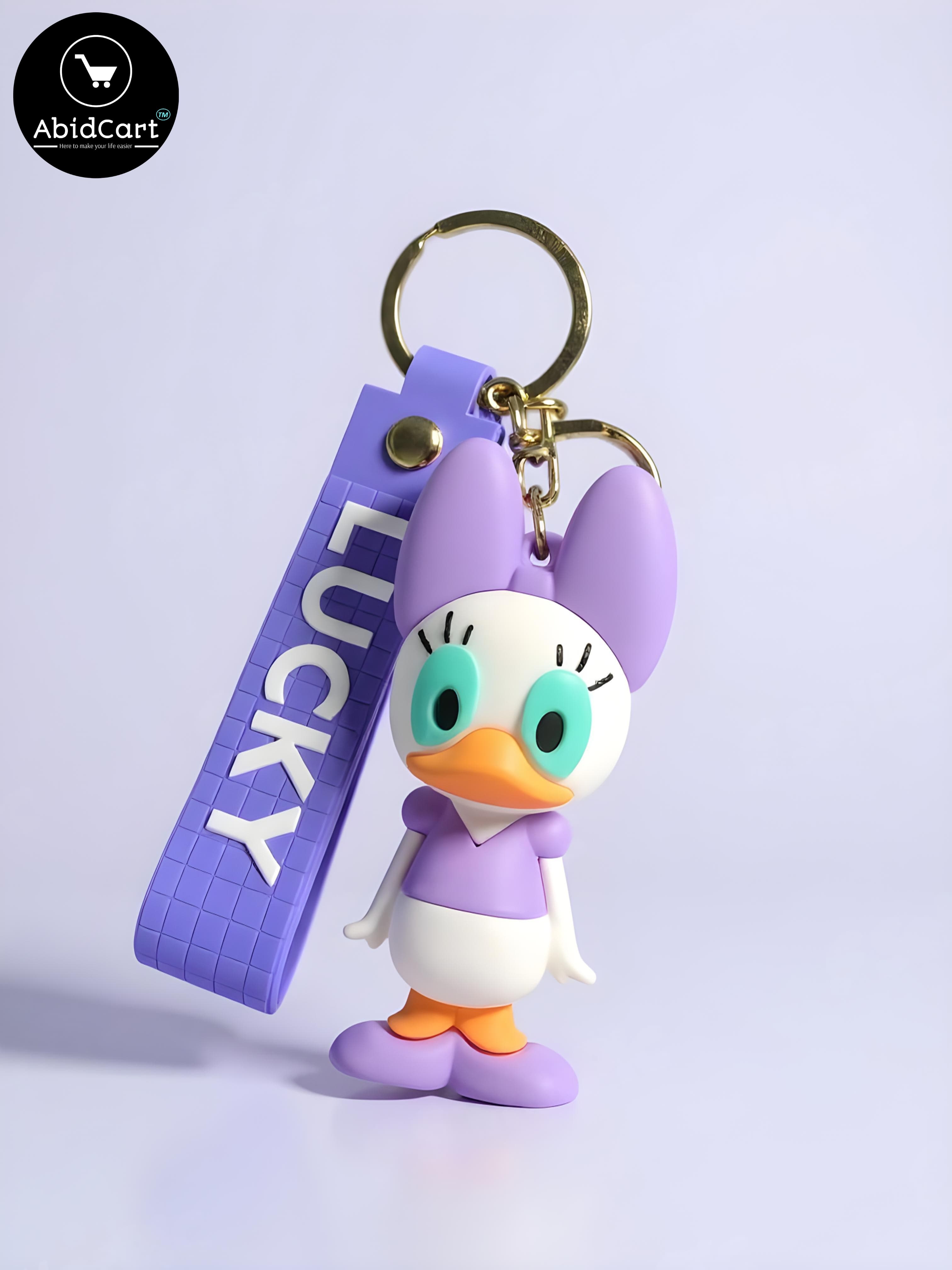 Cute Daisy Duck Keychain with Lucky Tag â Cartoon Character Bag Charm & Key Ring for Kids, Women, and Disney Fans.