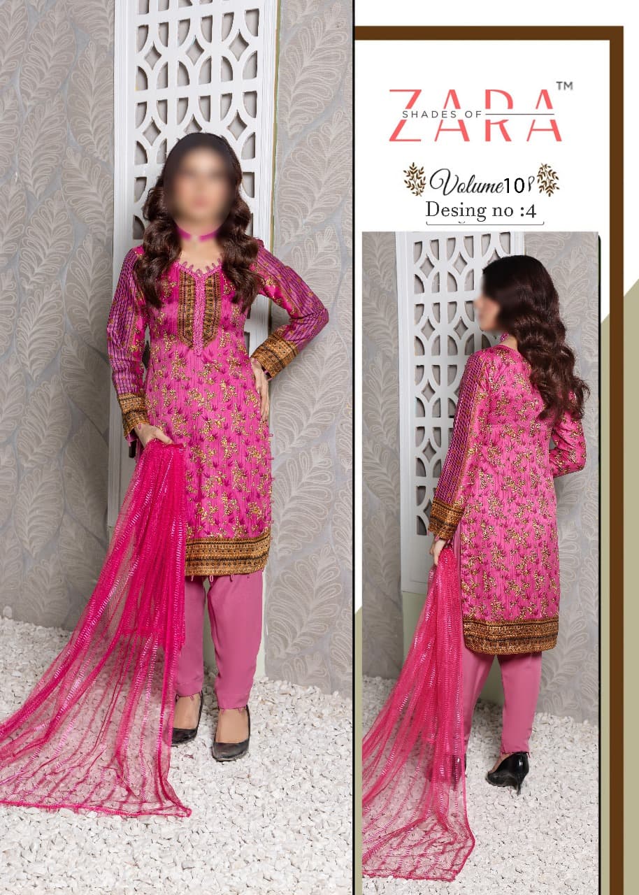 ZARA Shades of Elegance | Premium 3-Piece Unstitched Malai Suit with Printed Shirt, Net Dupatta & Dyed Trouser.