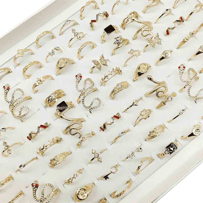 Lot Wholesale New Mix Style Big Snake Finger Rings For Women Black Enamel Cutout Butterfly Star Cute Flower Jewelry Gifts. (Pack of 15)