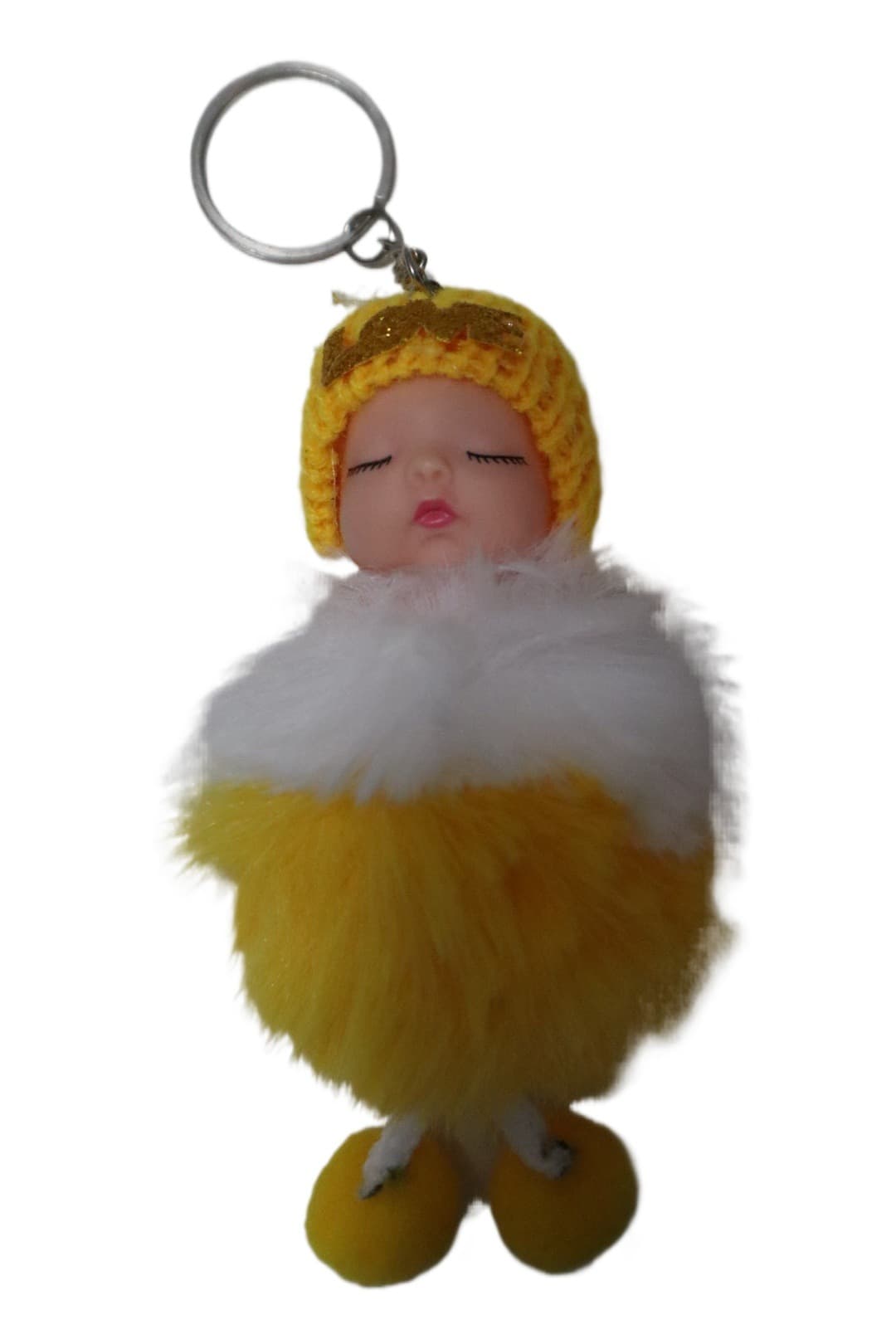 Cute Baby Doll Sleeping Keychain - Fluffy Pom Pom Faux Fur Plush Bag Charm for Women.