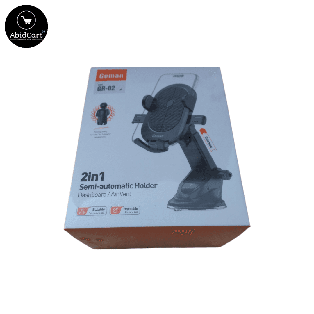 Gemen GR-02 2-in-1 Semi-Automatic Dashboard & Air Vent Mobile Holder Stand â Adjustable, Secure, and Versatile Car Mount for Smartphones.