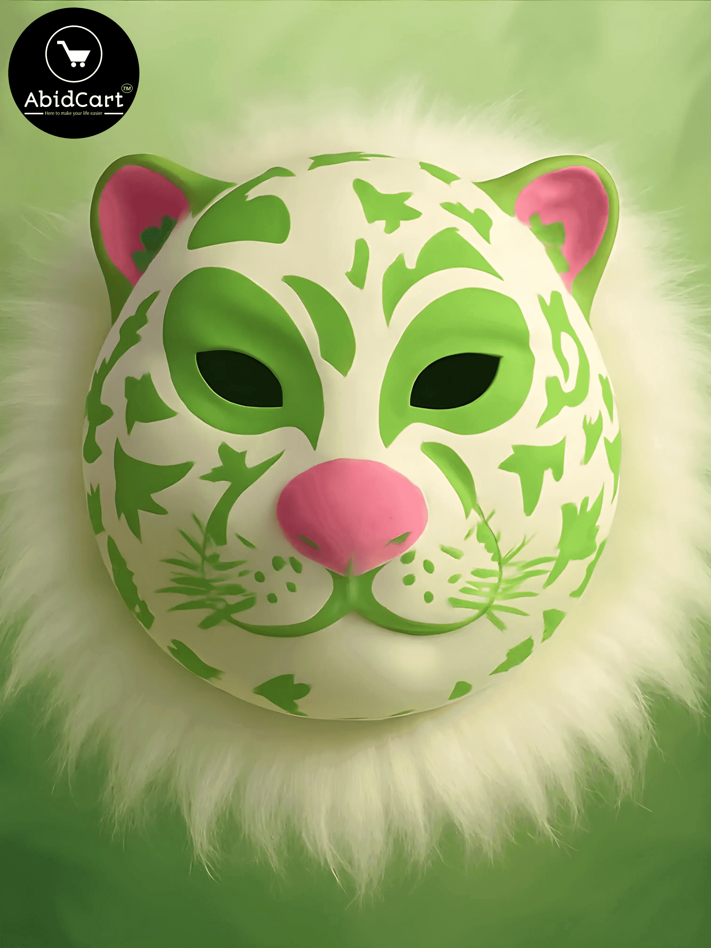 Green & White Tiger Face Mask with Fluffy Mane â Animal Costume Party & Cosplay Accessory.