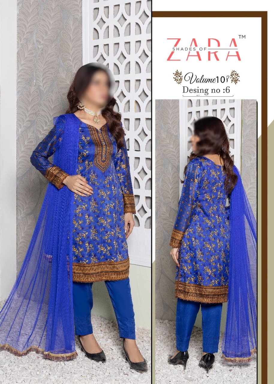 Shades of Zaraâ¢ Soft Malai 3-Piece Suit (Printed Shirt, Dyed Trouser, Net Dupatta) - Elegant Ethnic Wear for Women.