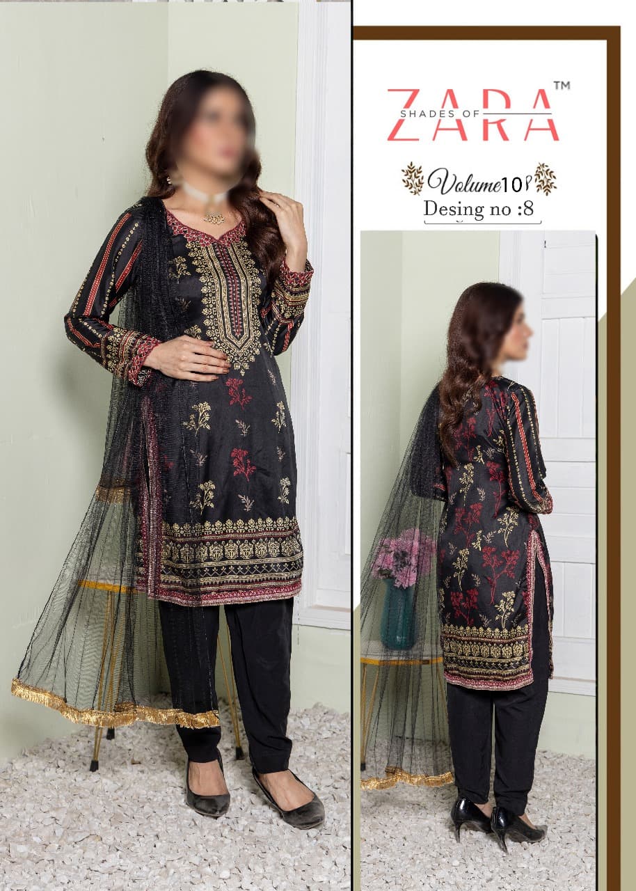 Shades of Zara Soft Malai 3-Piece Suit for Women | Printed Shirt, Dyed Trouser & Net Dupatta | Elegant Ethnic Wear.