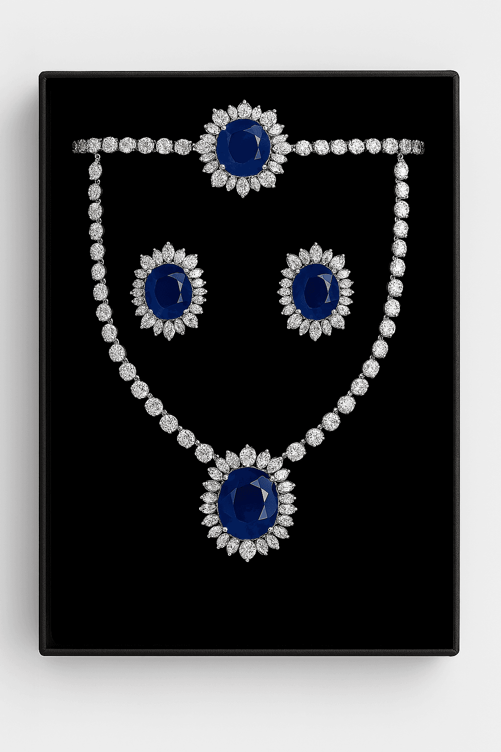 Luxury Diamond Jewelry Set â Necklace, Bracelet, Earrings â Blue Gemstone Bridal Set.