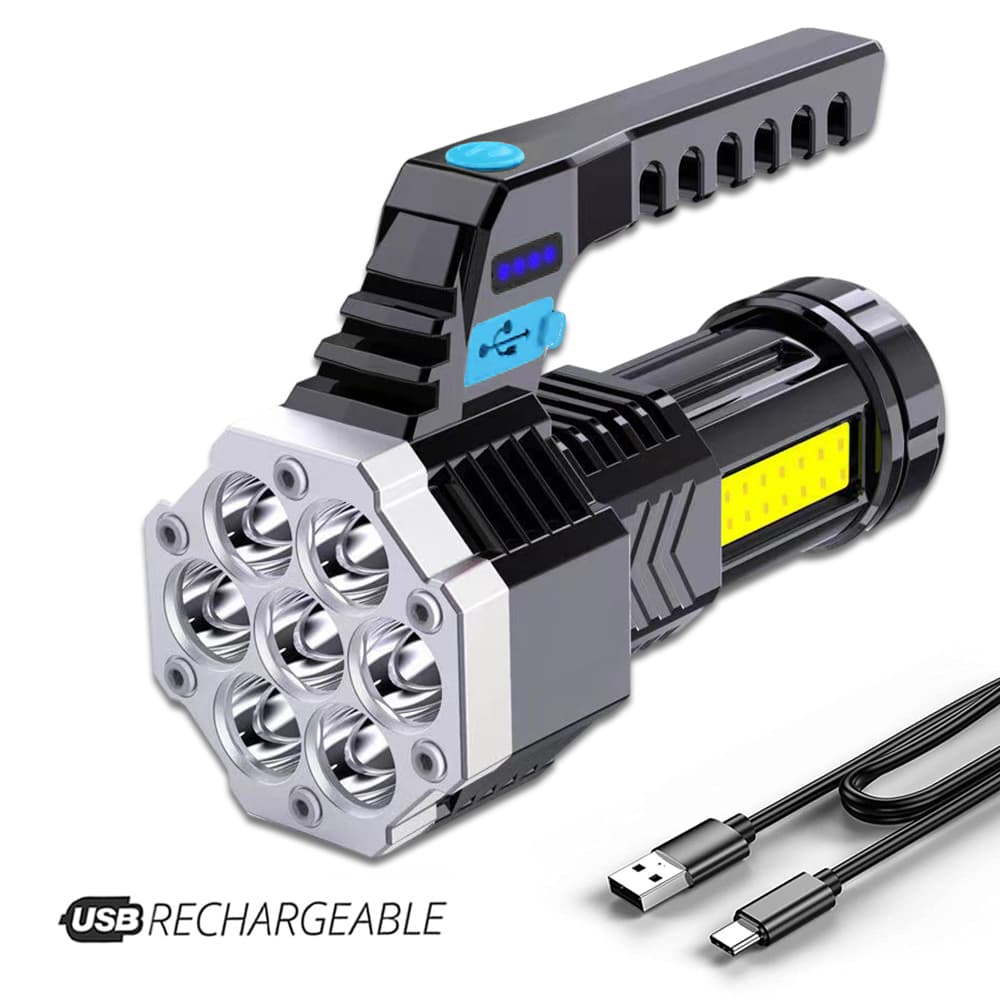 High Power 7LED Rechargeable Camping Flashlight with COB Side Light - Lightweight, Durable ABS Outdoor Torch.