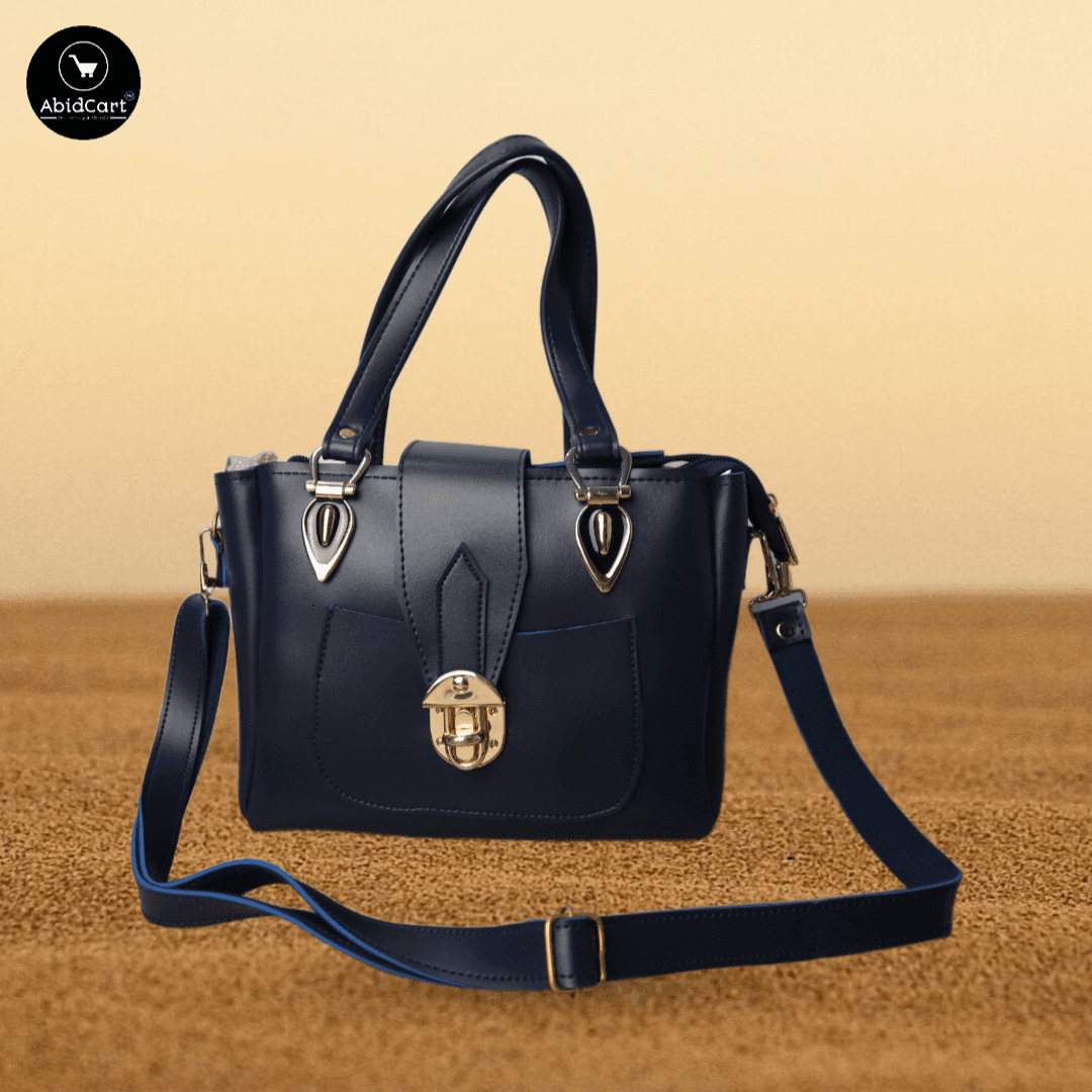 Elegant Navy Blue Leather Handbag with Adjustable Strap and Secure Lock - Women's Fashion Shoulder Bag.
