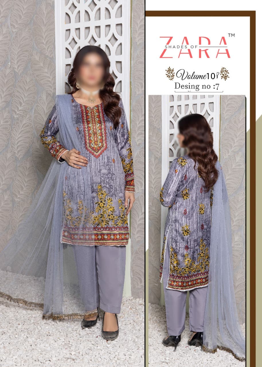 ZARA Shades of Elegance | Premium 3-Piece Unstitched Malai Suit with Printed Shirt, Net Dupatta & Dyed Trouser.