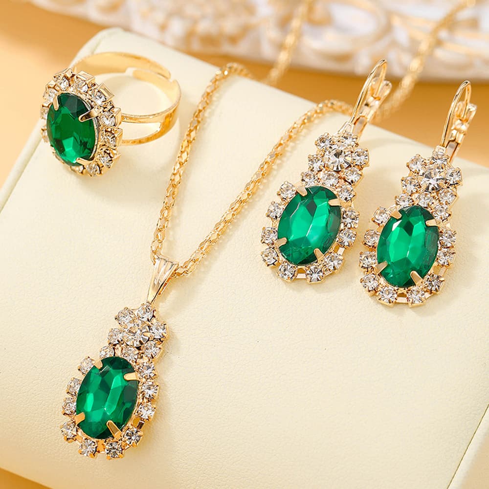 Elegant Water Drop Rhinestone Jewelry Set - Necklace, Earrings, Ring - 4PCS Bridal Charm Gift for Ladies.
