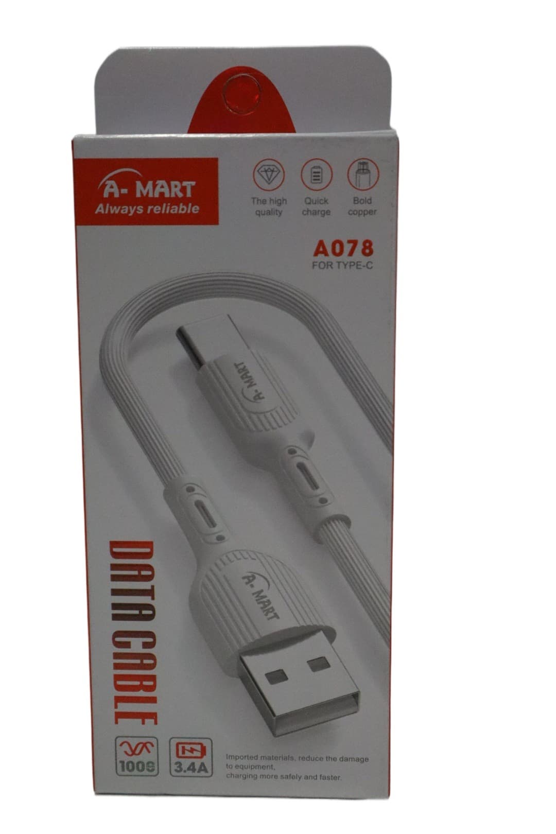 3.4A A-Mart A078 Super Fast Charging Type-C Data Cable for All Smartphones - High Speed & Durable.