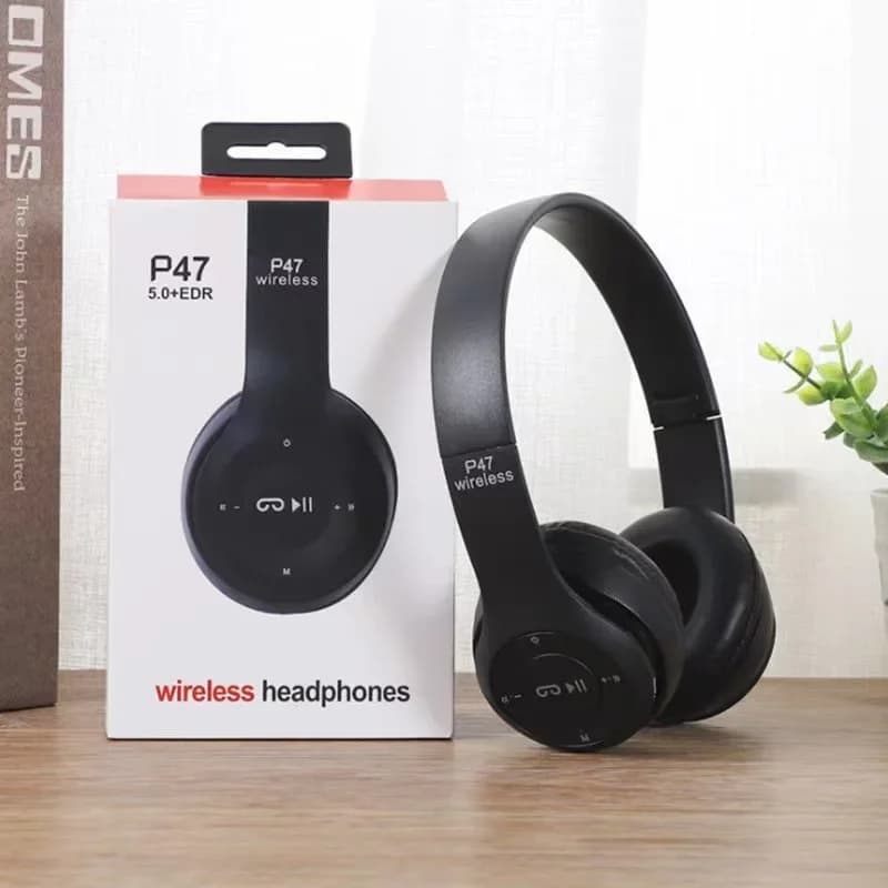 P47 Bluetooth 5.0 Wireless Headphones: Foldable Gaming Headset with Mic & Music Earbuds for Sports.