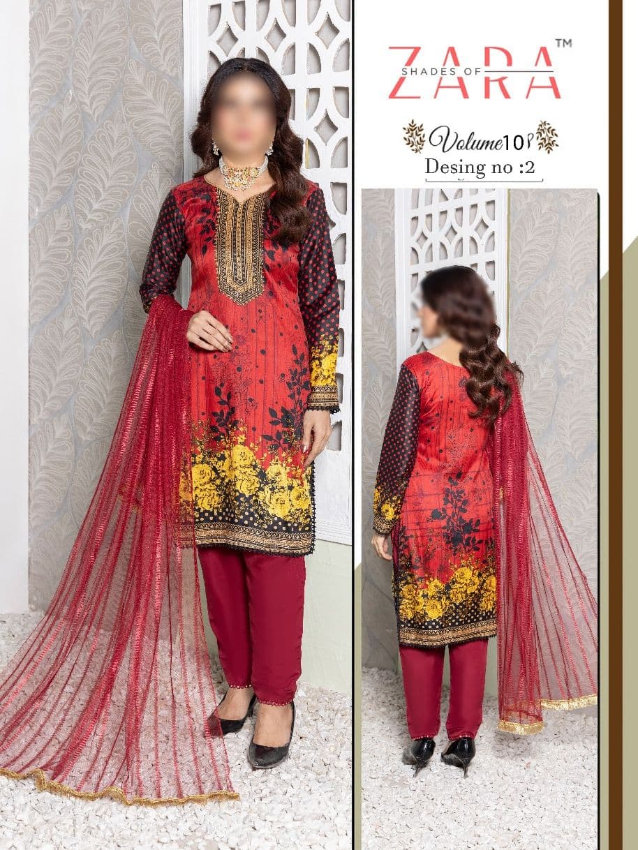 Shades of Zaraâ¢ Elegant 3-Piece Soft Malai Suit with Printed Shirt, Net Dupatta & Dyed Trouser.