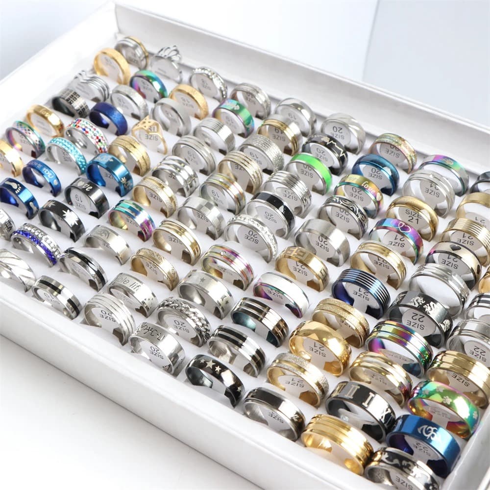 Fashion Classic Hollow Stripe Stainless Steel Rings Men Women Luminous Rhinestone Mix Style Jewelry Party Wedding Gift (Pack of 8 Rings in same sizes).