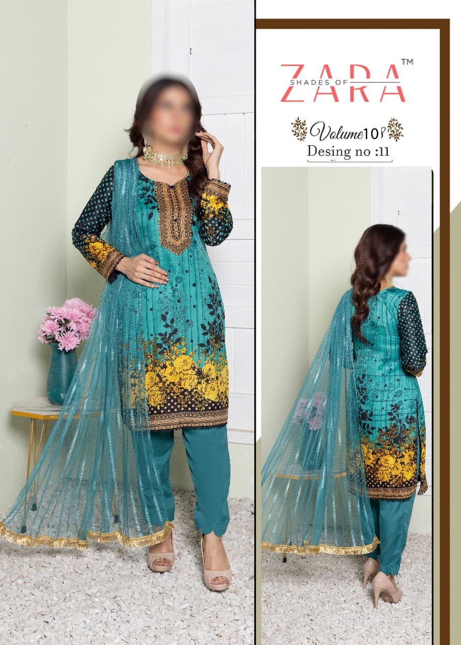 Shades of Zara 3-Piece Soft Malai Suit â Printed Shirt, Net Dupatta & Dyed Trouser | Elegant Women's Ethnic Wear.