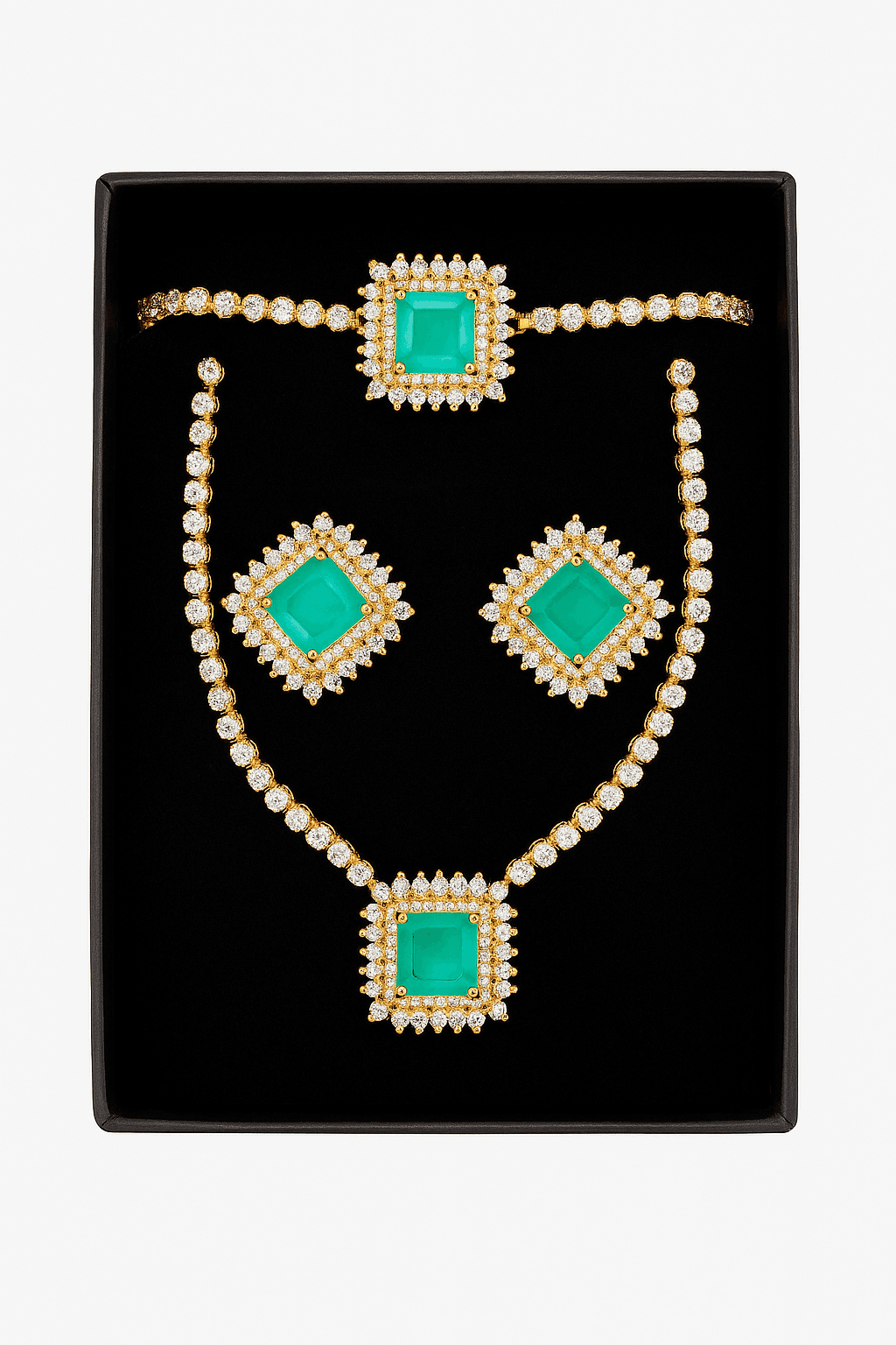 Luxurious Emerald and Diamond Jewelry Set - Necklace, Earrings, and Bracelet.