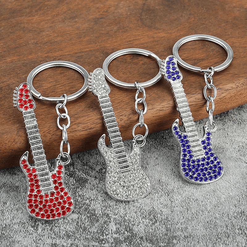 Adorable Crystal Electric Guitar Keychain | Metal Instrument Jewelry | Car Interior Decoration | Perfect Concert Gift Keyring.