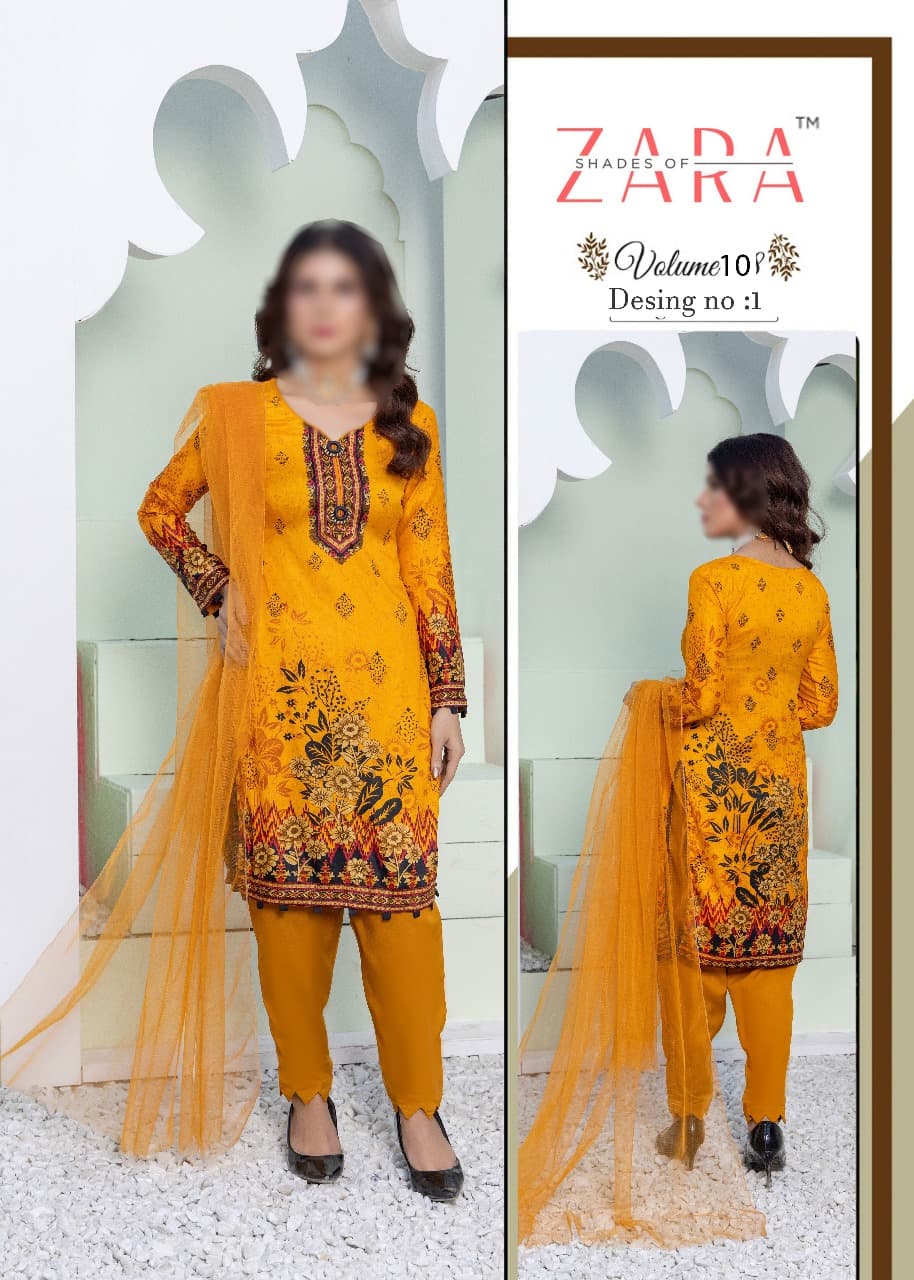 ZARA Shades of Elegance | Premium 3-Piece Unstitched Malai Suit with Printed Shirt, Net Dupatta & Dyed Trouser.