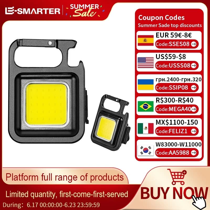 Ultra Bright COB LED Mini Flashlight with Keychain, Tail Magnet, Corkscrew, EDC Light for Outdoor Emergency Camping.