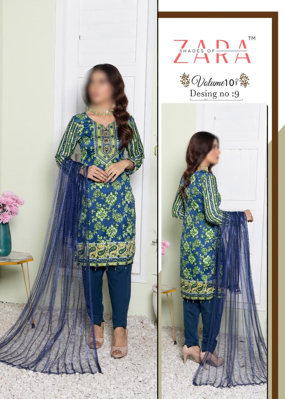 ZARA⢠Shades of Zara Soft Malai 3-Piece Unstitched Suit with Printed Shirt, Net Dupatta & Dyed Trouser.