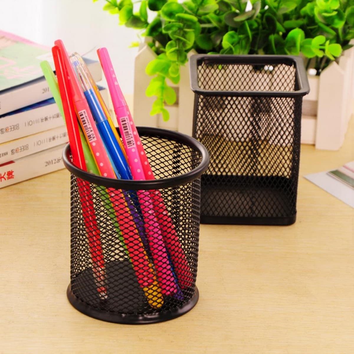 Round container art # SS-MRC01 - Metal mesh pen container round / Metal mesh pen container pen pencil holder organizer - Cosmetic round pen stand holders - Stationery container desk organizer.