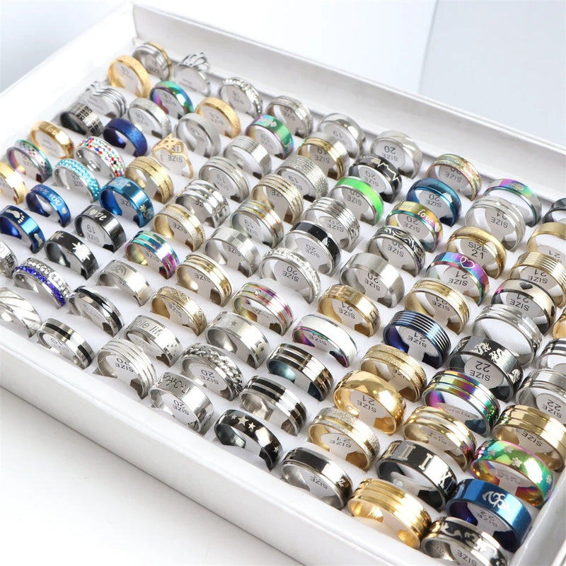 Fashion Classic Hollow Stripe Stainless Steel Rings Men Women Luminous Rhinestone Mix Style Jewelry Party Wedding Gift (Pack of 5 in same sizes). - Abid Cart