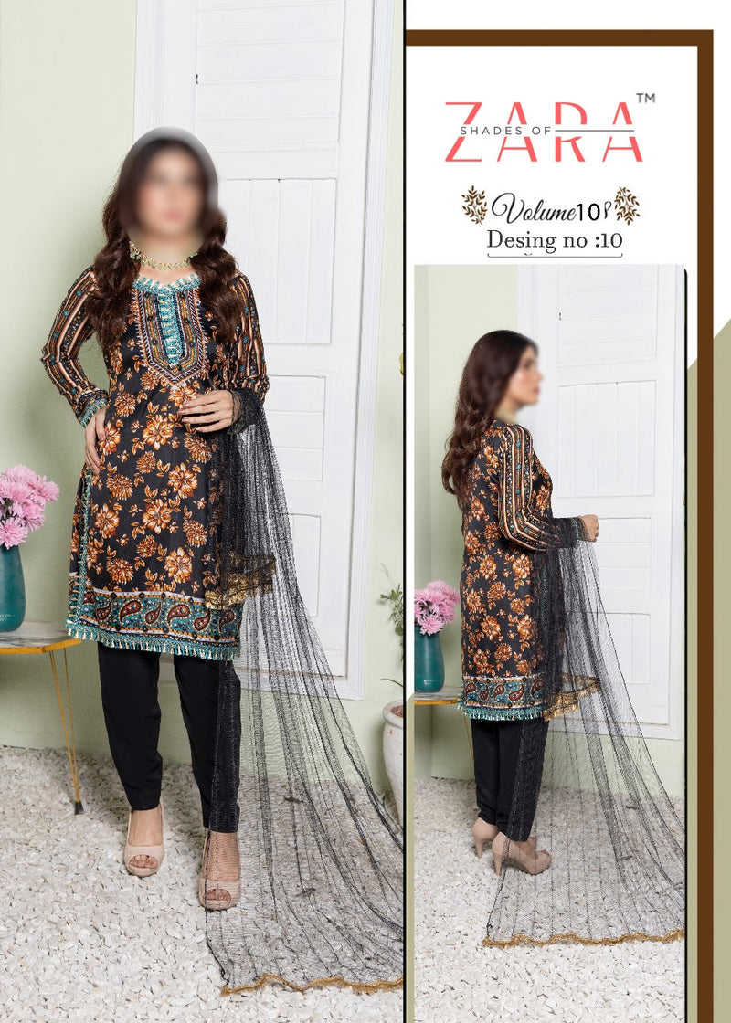 Shades of Zara Elegant 3-Piece Soft Malai Suit | Printed Shirt, Net Dupatta & Dyed Trouser for Women. - Abid Cart