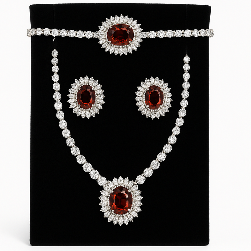 Brown Gemstone Jewelry Set with Necklace, Earrings, and Bracelet—Elegant Diamond Accents. - Abid Cart