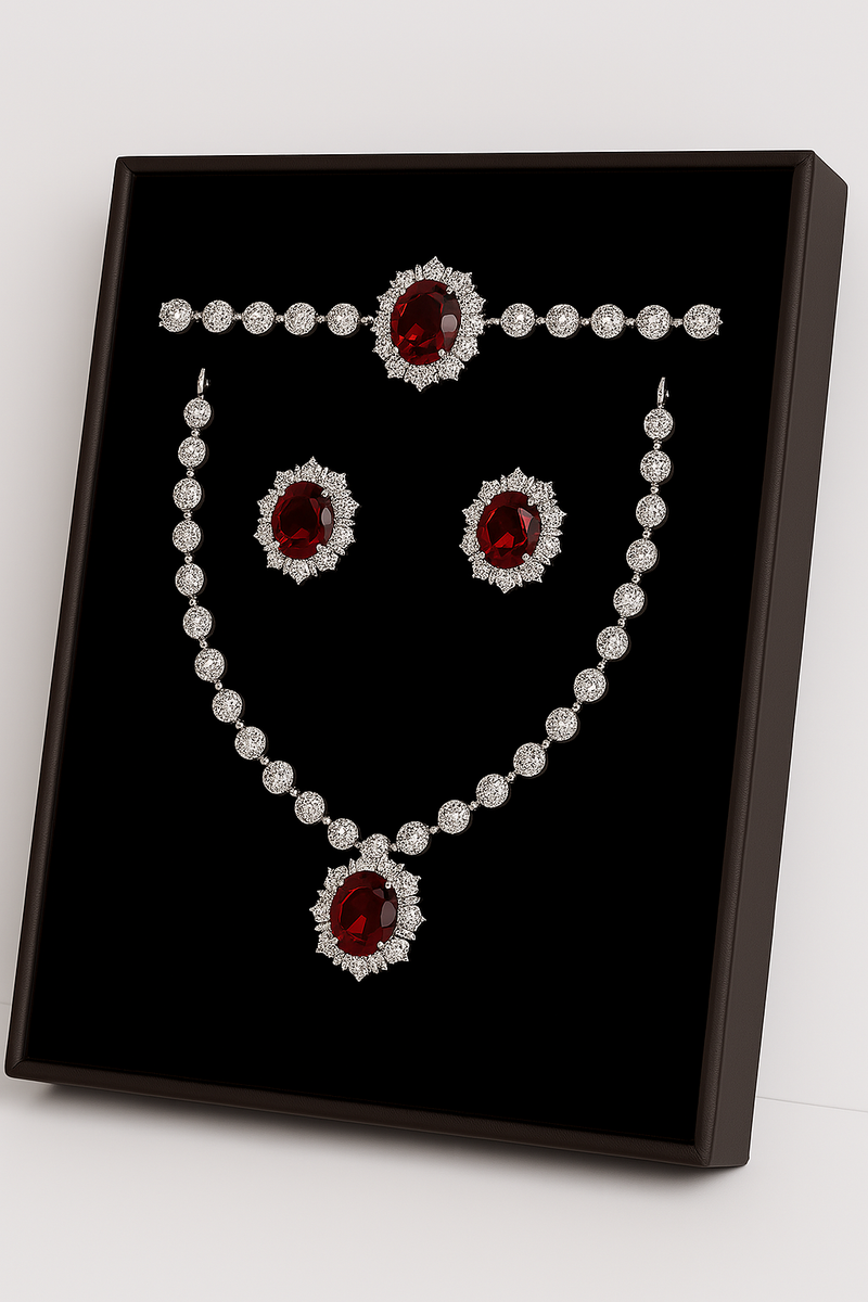 Brown Gemstone Jewelry Set with Necklace, Earrings, and Bracelet—Elegant Diamond Accents. - Abid Cart