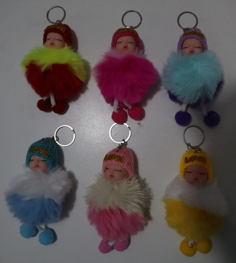 Cute Baby Doll Sleeping Keychain - Fluffy Pom Pom Faux Fur Plush Bag Charm for Women. - Abid Cart