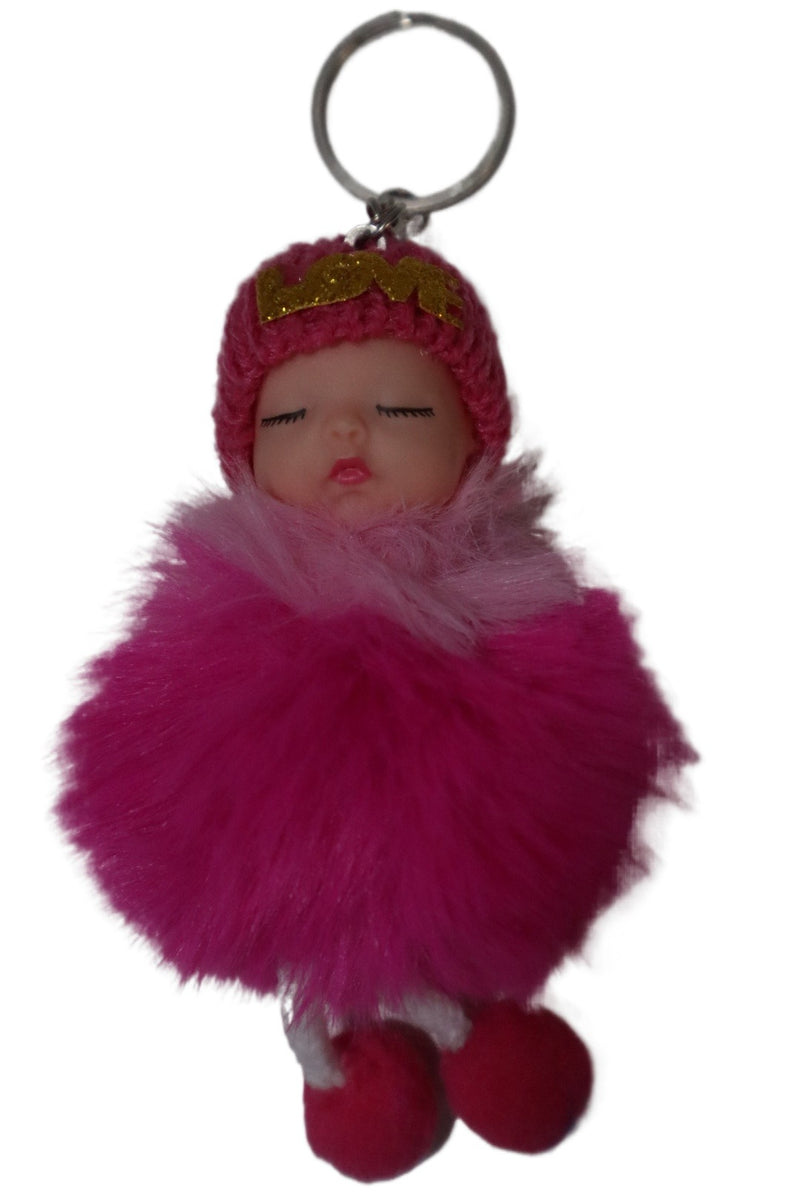 Cute Baby Doll Sleeping Keychain - Fluffy Pom Pom Faux Fur Plush Bag Charm for Women. - Abid Cart