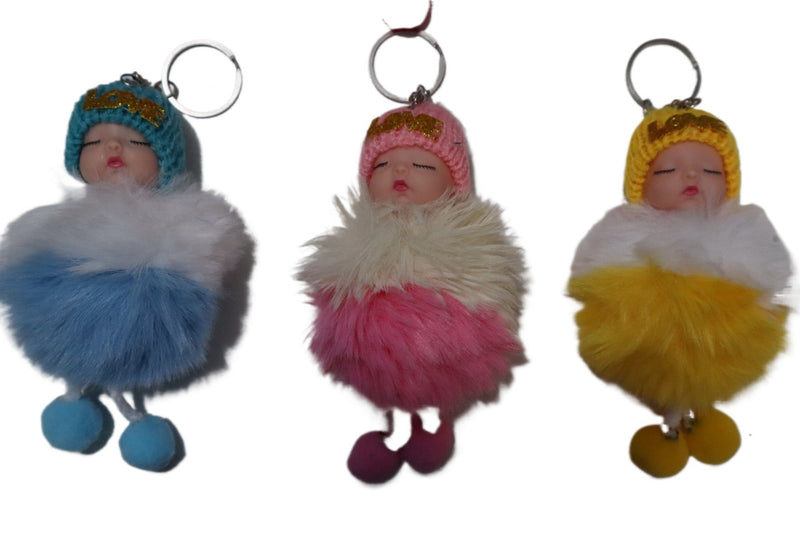 Cute Baby Doll Sleeping Keychain - Fluffy Pom Pom Faux Fur Plush Bag Charm for Women. - Abid Cart