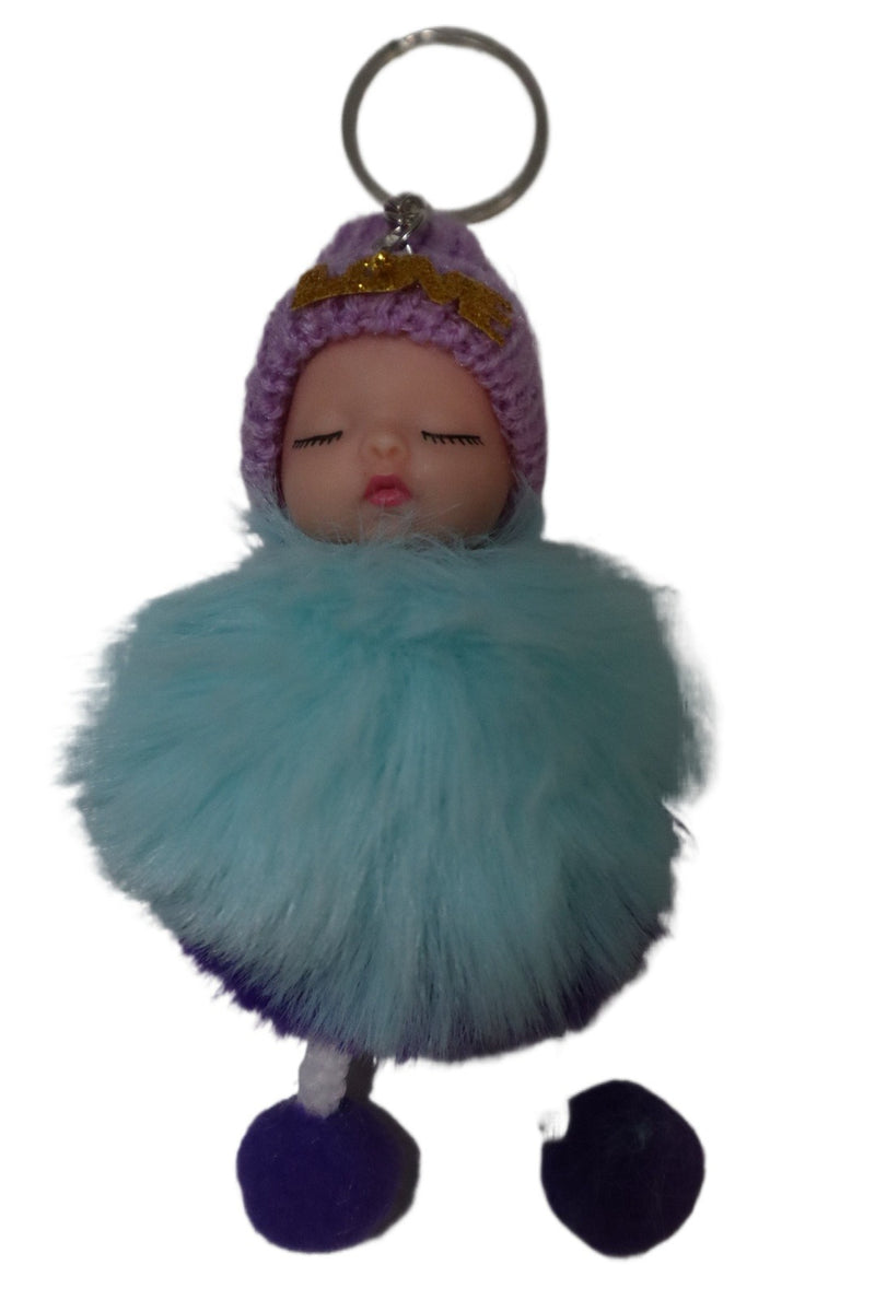 Cute Baby Doll Sleeping Keychain - Fluffy Pom Pom Faux Fur Plush Bag Charm for Women. - Abid Cart
