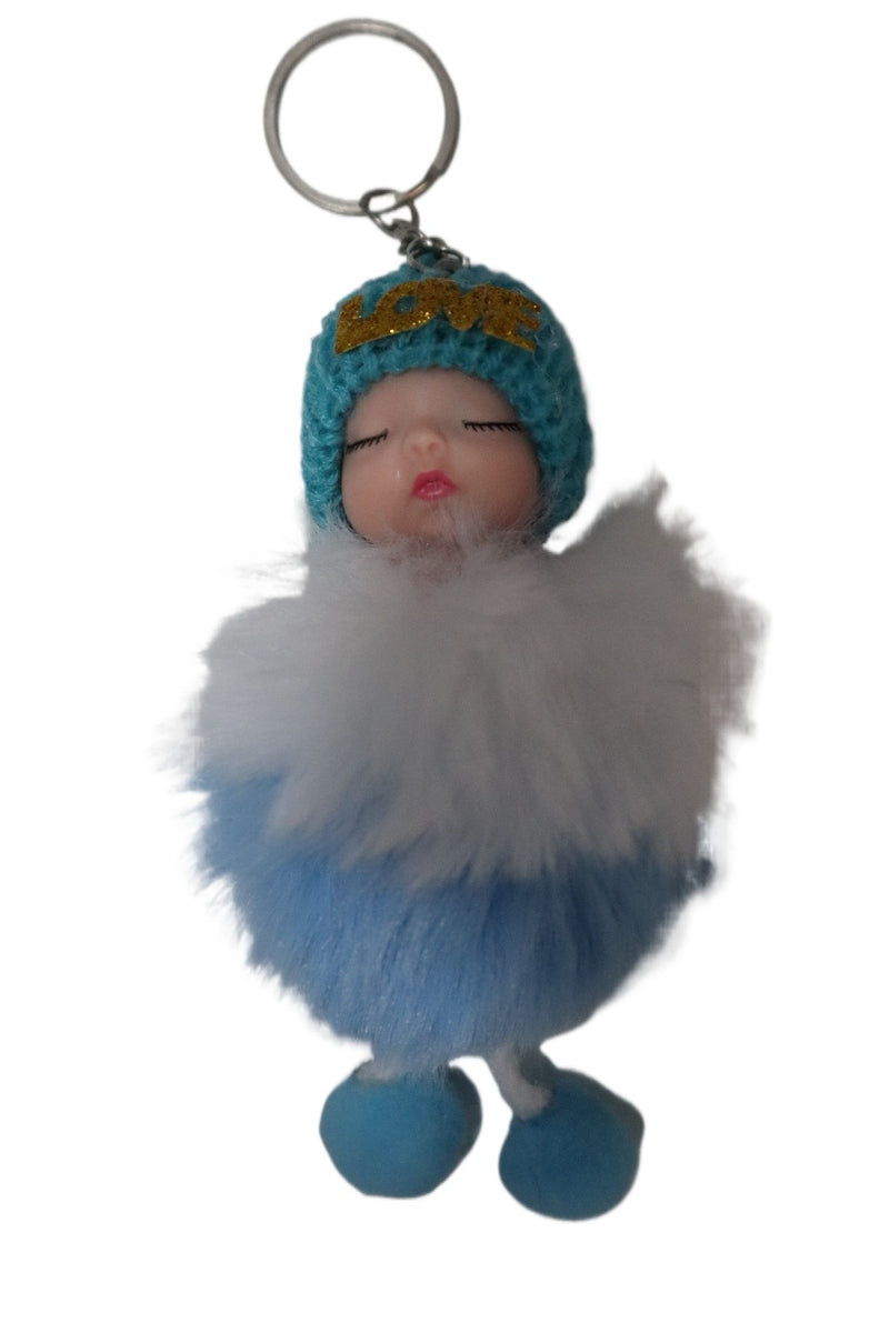 Cute Baby Doll Sleeping Keychain - Fluffy Pom Pom Faux Fur Plush Bag Charm for Women. - Abid Cart