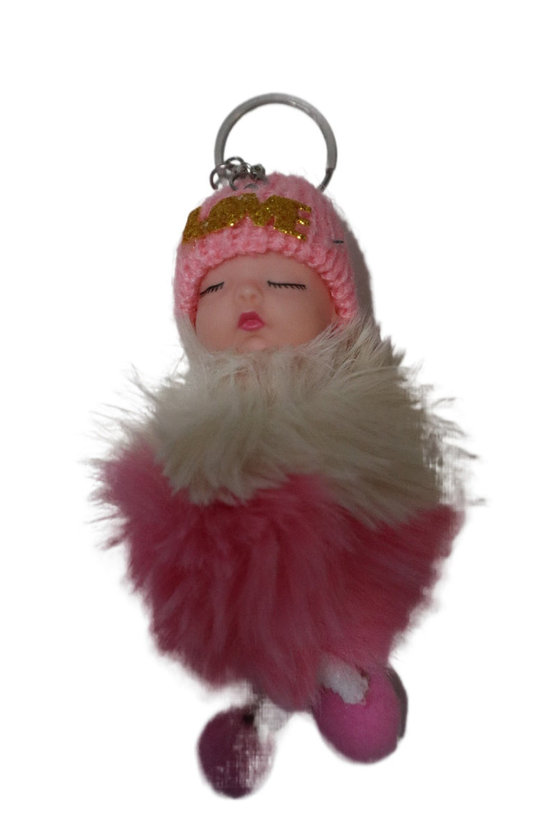 Cute Baby Doll Sleeping Keychain - Fluffy Pom Pom Faux Fur Plush Bag Charm for Women. - Abid Cart
