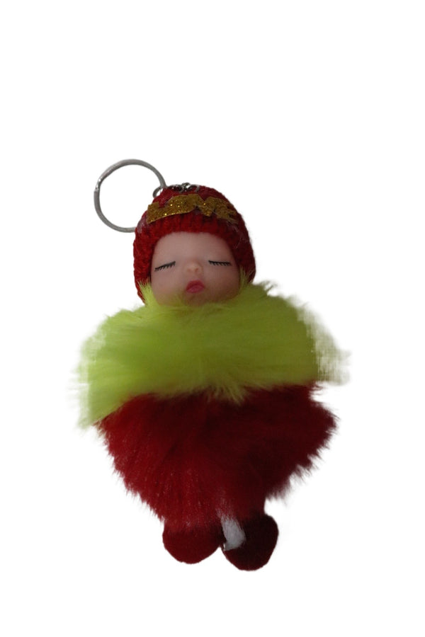 Cute Baby Doll Sleeping Keychain - Fluffy Pom Pom Faux Fur Plush Bag Charm for Women. - Abid Cart