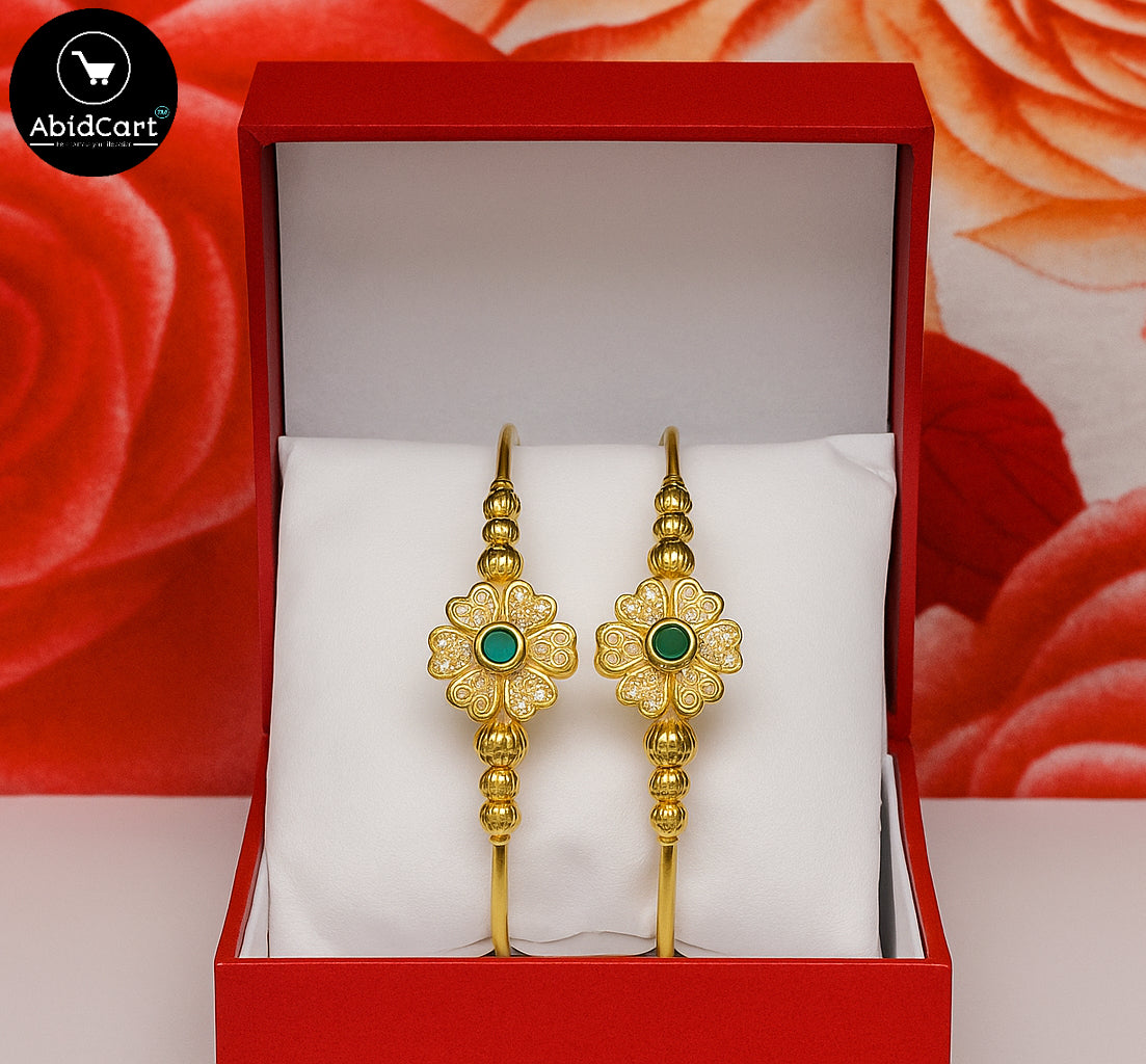 Elegant Gold-Plated Flower Design Bangles with Green Stone & Crystal Accents – Traditional Jewelry for Women. - Abid Cart