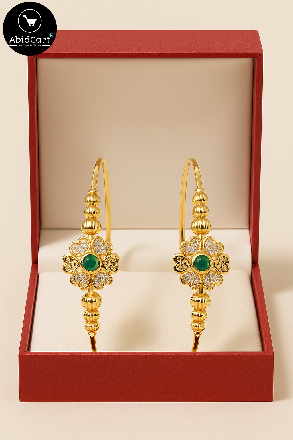 Elegant Gold-Plated Flower Design Bangles with Green Stone & Crystal Accents – Traditional Jewelry for Women. - Abid Cart