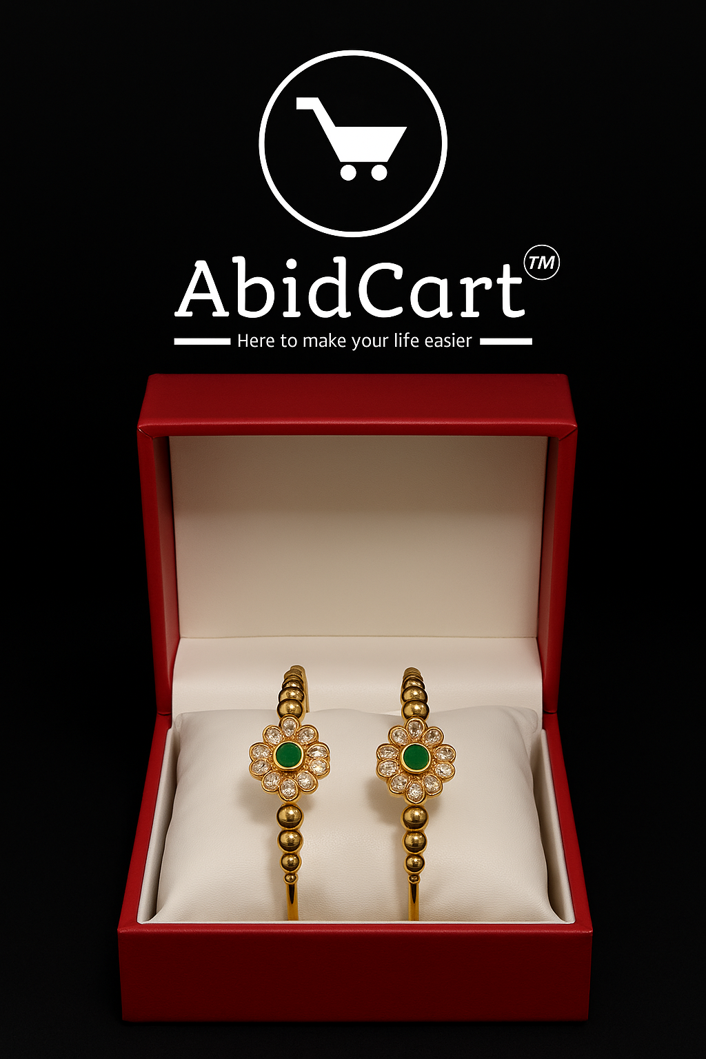 Elegant Gold-Plated Flower Design Bangles with Green Stone & Crystal Accents – Traditional Jewelry for Women. - Abid Cart