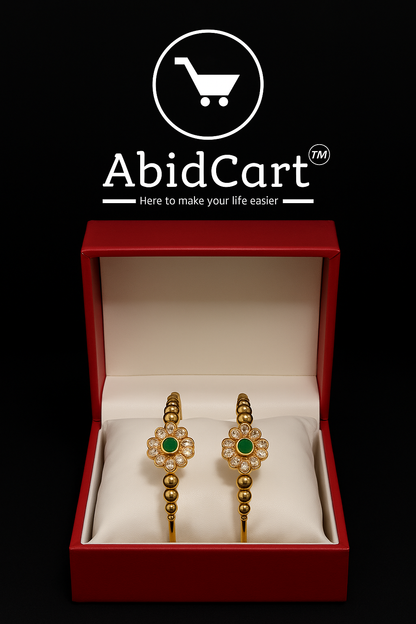 Elegant Gold-Plated Flower Design Bangles with Green Stone & Crystal Accents – Traditional Jewelry for Women. - Abid Cart