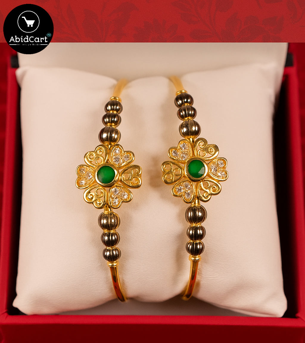 Elegant Gold-Plated Flower Design Bangles with Green Stone & Crystal Accents – Traditional Jewelry for Women. - Abid Cart