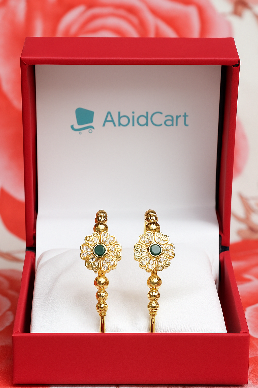 Elegant Gold-Plated Flower Design Bangles with Green Stone & Crystal Accents – Traditional Jewelry for Women. - Abid Cart