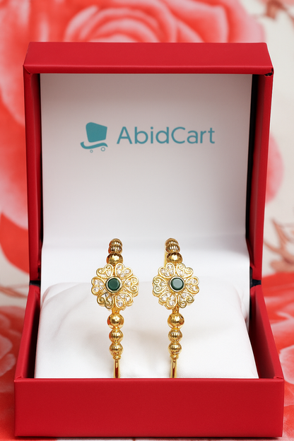 Elegant Gold-Plated Flower Design Bangles with Green Stone & Crystal Accents – Traditional Jewelry for Women. - Abid Cart